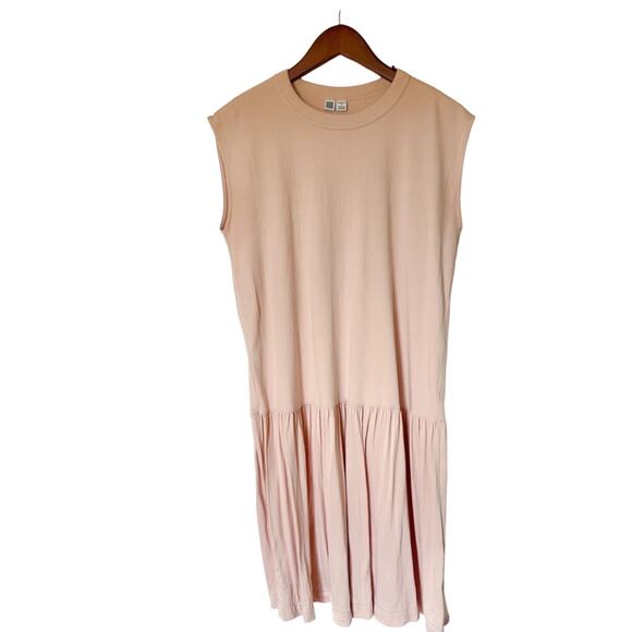 Uniqlo Blush Pink Shift Dress Size Small Bottom pleats Sweatshirt Style Layering - Picture 8 of 9